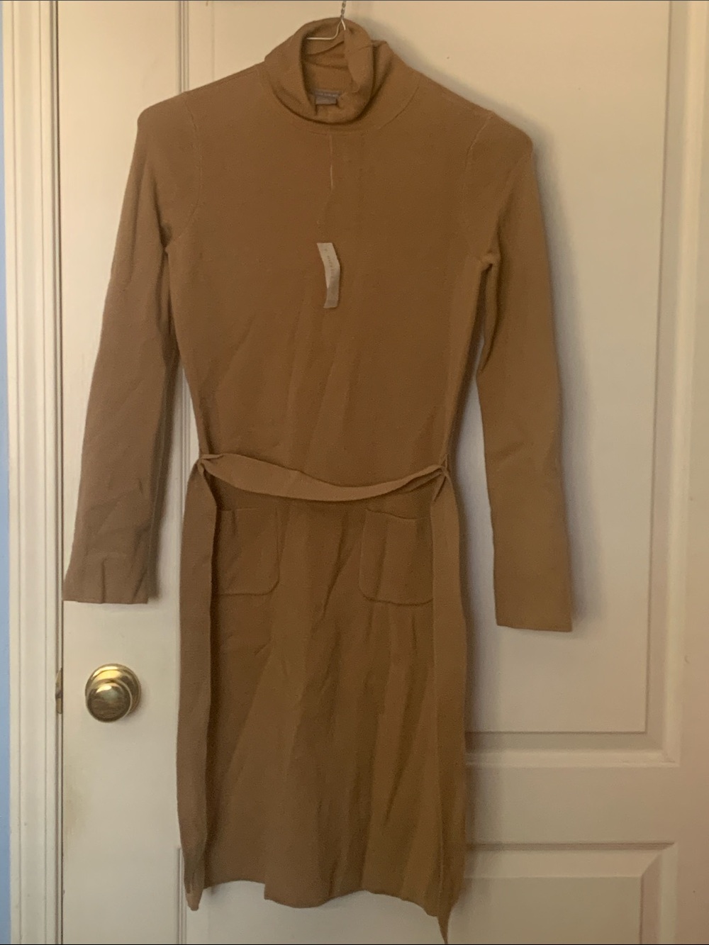 Ann Taylor Camel Long-Sleeve Turtleneck Knit Dress with Belt